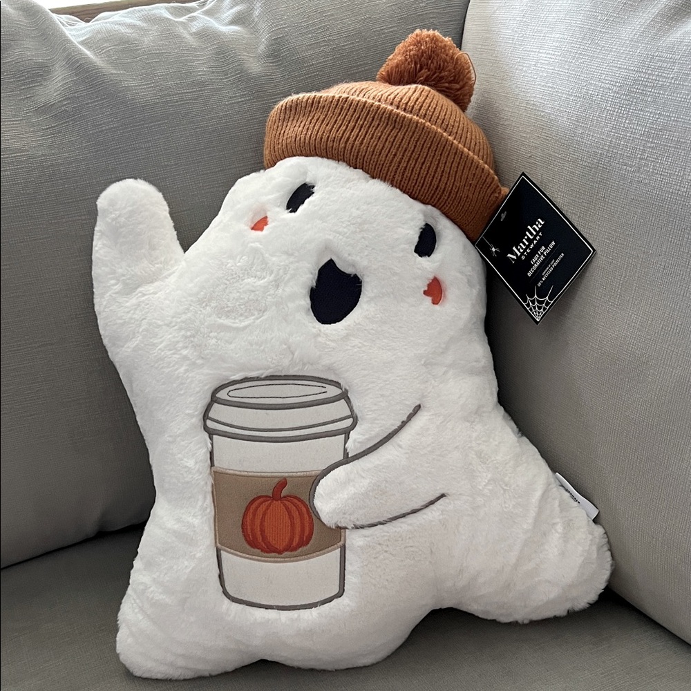 Martha Stewart Ghost Plush Pillow with Brown Hat and Pumpkin Spiced Latte 👻